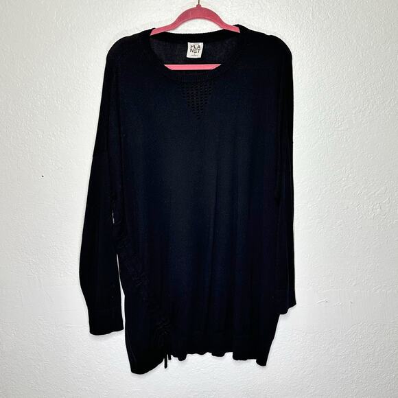 Planet Long Sleeve Knit Top Side Cinched Crew Neck Sweater Asymmetrical Black - Picture 2 of 8